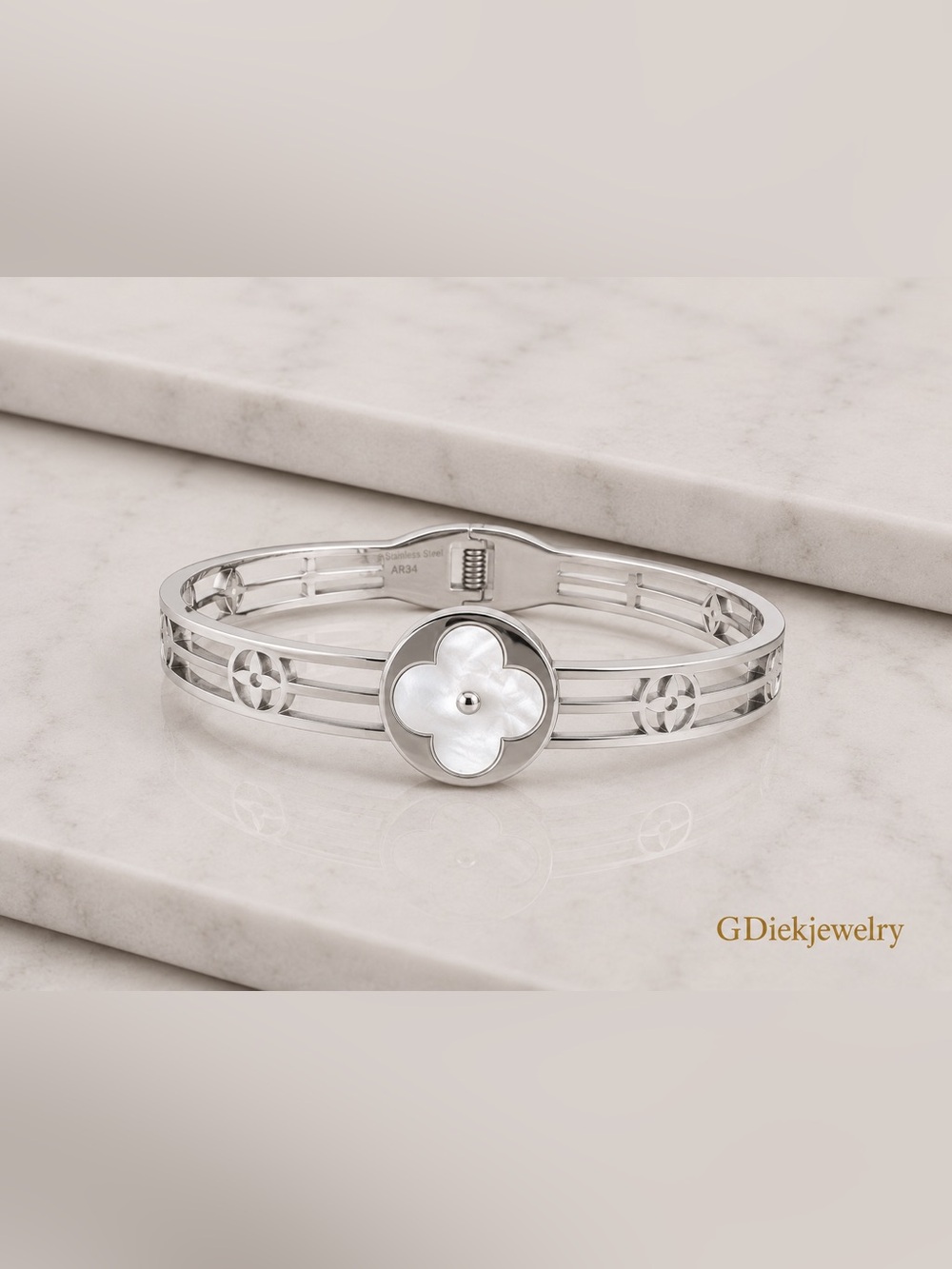 Stainless Steel  Mother-of-Pearl Floral Cuff Bracelet